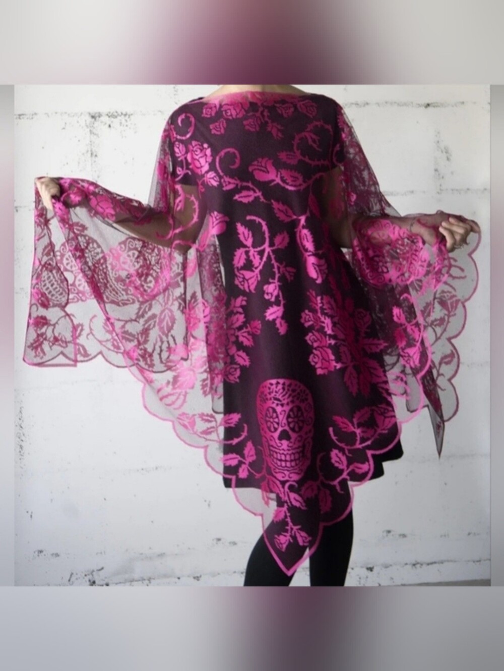Heritage lace magenta pink lace sugar skull roses vines graphic mesh poncho NWT